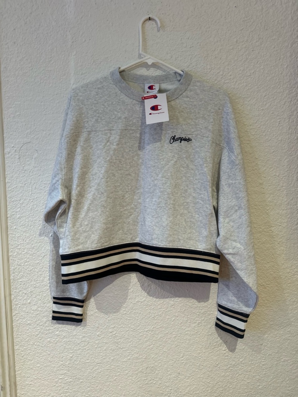 Champion Light Gray Cropped Sweatshirt with Black & White Stripes
